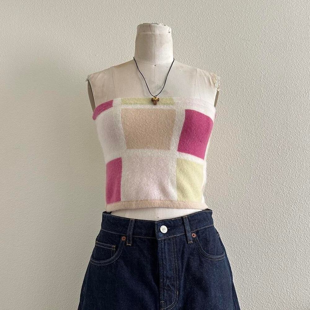 handmade beige pink-green color block knit bandeau